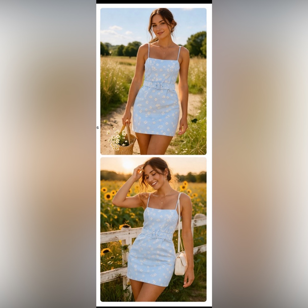 ZARA Light Blue Daisy Print Belted Mini Dress | XS